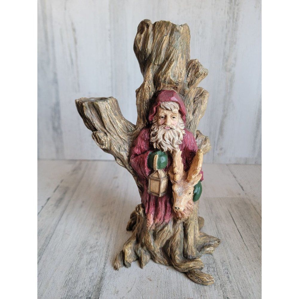 Rustic Santa Claus‎ tree trunk candle holder vintage reindeer Xmas decor